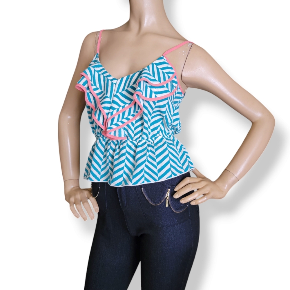 Bella D. Green & White V-Neck Geometric Striped Print Blouse - Picture 3 of 7